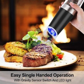 Gravity Electric Pepper Grinder Salt and Pepper Mill & Adjustable Coarseness Battery Powered with LED Light One Hand Automatic Operation
