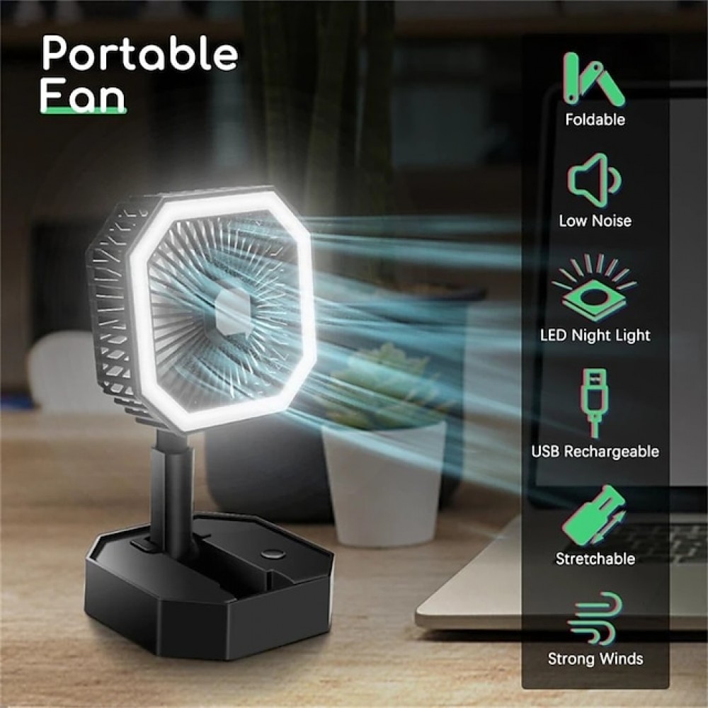 Portable Fan Rechargeable Adjustable Height Angle With LED Light USB Foldable Mini Fan Personal Fan for Travel Office Home
