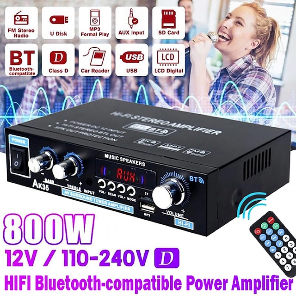 AK35 Home Amplifier 2 Channel Device Bluetooth 800 Surround Sound FM USB Remote Control Mini Digital HIFI Stereo Amplifier 5.0 W
AK35 Home Amplifier 2 Channel Device Bluetooth 800 Surround Sound FM USB Remote Control Mini Digital HIFI Stereo Amplifier 5.0 W